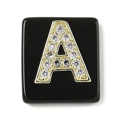 Letter A Природные подвески обсидиана, прямоугольные подвески с латунной микропаве прозрачной кубической циркониевой буквой, реальный 18 k позолоченный, долговечный, стойки покрытие, буква a, 21x18x5 мм, отверстие : 1.4 мм