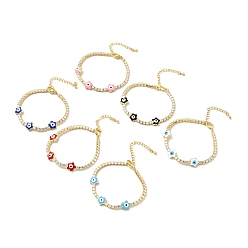 Mixed Color Flower with Evil Eye Enamel Link Bracelet with Clear Cubic Zirconia Tennis Chains, Gold Plated Brass Jewelry for Women, Cadmium Free & Lead Free, Mixed Color, 6-7/8 inch(17.5cm)
