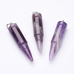 Amethyst Natural Amethyst Pointed Pendants, with 201 Stainless Steel Split Rings, Bullet, Stainless Steel Color, 42~46x10mm, Hole: 5mm