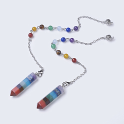 Mixed Stone Chakra Jewelry, Natural Gemstone Pointed Dowsing Pendulums, with Brass Chains, Bullet, Platinum, 240~265mm, Hole: 1.6mm, Pendant: 11x45mm