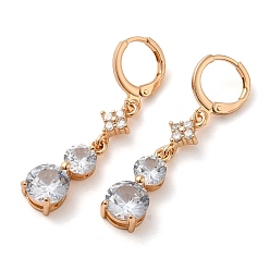 Clear Rack Plating Golden Brass Dangle Leverback Earrings, with Cubic Zirconia, Flat Round, Clear, 41x8mm