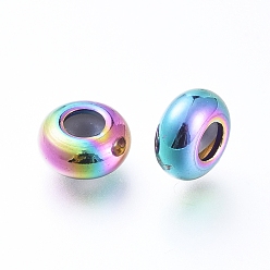 Rainbow Color Vacuum Plating 202 Stainless Steel Beads, with Plastic, Slider Beads, Stopper Beads, Rondelle, Rainbow Color, 6x3mm, Rubber Hole: 2mm