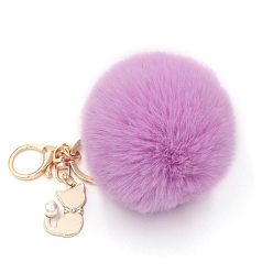 Violet Imitation Rabbit Fur Pom-Pom & Cat Keychain, Bag Pendant Decoration, Violet, 8cm