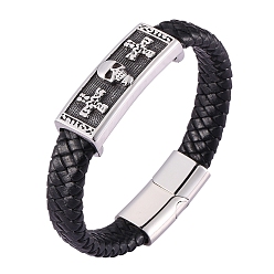 Stainless Steel Color Stainless Steel Skull Beaded Bracelet with Leather Cord, Gothic Bracelet with Magnetic Clasp for Men, Stainless Steel Color, 7-3/4 inch(19.6cm)