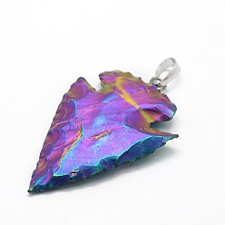 Multi-color Plated Electroplated Natural Indian Agate Pendants, with Brass Findings, Arrowhead, Platinum, Multi-color Plated, 36~58x18~30x4~8mm, Hole: 5x7mm