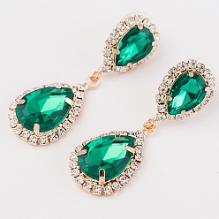 Gold + Green Sparkling Bridal Drop Earrings with Rhinestones for Fashionable Women