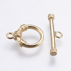 Real 18K Gold Plated Brass Toggle Clasps, Ring, Long-Lasting Plated, Real 18K Gold Plated, Nickel Free, Ring: 14.5x11x3mm, Hole: 1.5mm and 8mm, Bar: about 20x6x3mm, hole: 1.5mm.