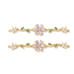 Фиолетовый Шармы-соединители из латуни с паве из кубического циркония, цветок ссылки, для изготовления аксессуаров для волос, реальный 18 k позолоченный, фиолетовые, 60x12x3 мм, отверстие : 0.8 мм