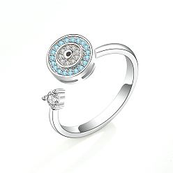 Platinum Evil Eye Adjustable Opening Brass Cubic Zirconia Ring, Cuff Rings, Rotating Ring, Platinum, 9mm