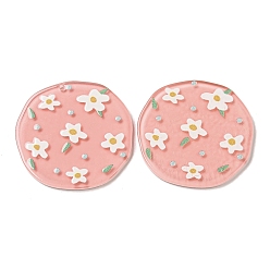 Pink Opaque Acrylic Pendants, Flat Round with Flower, Pink, 36.5x37x2.5mm, Hole: 1.6mm