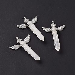 Quartz Crystal Natural Quartz Crystal Faceted Double Terminal Pointed Big Pendants, Rock Crystal, Angel Charms, with Platinum Tone Brass Findings, 54~56x34~36x11~12mm, Hole: 3mm