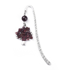 Garnet Tibetan Style Alloy Bookmarks, with Alloy Pendants and Natural Garnet Beads, Tree, 84mm, Pendant: 28x23.5x6mm
