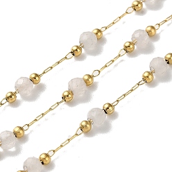 Rose Quartz Ion Plating(IP) Real 18K Gold Plated 316 Stainless Steel Paperclip Chains, with Faceted Round Natural Rose Quartz Beaded, with Spool, Soldered, 3mm
