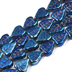 Marine Blue Electroplate Glass Beads Strands, AB Color, Leaf, Marine Blue, 10x8x4mm, Hole: 0.9mm, about 65pcs/strand, 24.80 inch(63cm)