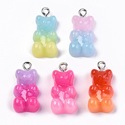 Mixed Color Opaque Resin Pendants, with Platinum Plated Iron Loop and Glitter Powder, Imitation Jelly, Two Tone, Bear, Mixed Color, 21~22x11x7~8mm, Hole: 2mm