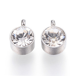 Stainless Steel Color 304 Stainless Steel Charms, with Rhinestone, Flat Round, Stainless Steel Color, 10x7x5mm, Hole: 1.6mm