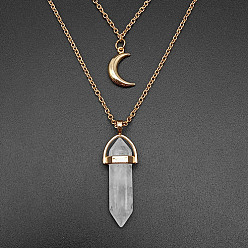  Natural Other Quartz Cone Pendant Double Layer Necklace, with Moon Charms, 19.69 inch(50cm)