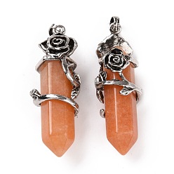 Red Aventurine Natural Red Aventurine Pointed Big Pendants, with Antique Silver Tone Rose Alloy Findings, Cadmium Free & Lead Free, Faceted, Bullet Charm, 48~50x16mm, Hole: 7x5mm