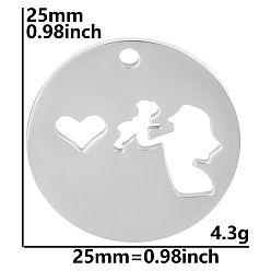 Stainless Steel Color Mother's Day Stainless Steel Pendants, Flat Round with Mother & Baby Charm, Stainless Steel Color, 25mm