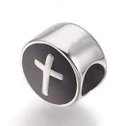Stainless Steel Color 304 Stainless Steel European Beads, with Enamel, Large Hole Beads, Flat Round with Cross, Stainless Steel Color, 11x8mm, Hole: 5mm