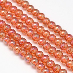 Orange Red Electroplate Crystal Glass Round Beads Strands, Rainbow Color Plated, Orange Red, 6mm, Hole: 1mm, about 69pcs/strand, 16.1 inch