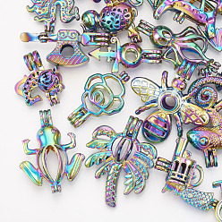 Colorful Plated Alloy Bead Cage Pendants, Mixe Shape, Colorful, 22~43x11~34x6.5~18mm, Hole: 3~4x3.5~4.5mm, Inner Measure: 8~25x8~21.5mm