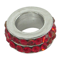 Red Large Hole Beads, European Brass Rhinestone Beads, Rondelle, Platinum, Red, 11x5mm, Hole: 6mm