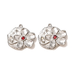 Siam 304 Stainless Steel with Rhinestone Pendants, Flower Charms, Stainless Steel Color, Siam, 23x24x4mm, Hole: 1.3mm
