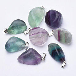 Fluorite Natural Fluorite Pendants, with Platinum Tone Alloy Finding, Nuggets, 26~32x15~22x10~16mm, Hole: 7x2mm