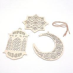 BurlyWood Olycraft Eid Al-Fitr Theme Cottonwood Pendants, with Hemp Ropes, Octagon, Moon & Lamp, BurlyWood, 16~20x11.5~16x0.2cm, Hole: 4~6x4~8mm, 3pcs/set