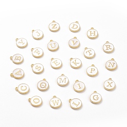 White Initial Letter A~Z Alphabet Enamel Charms, Flat Round Disc Double Sided Charms, White, 14x12x2mm, Hole: 1.5mm, 26pcs/set