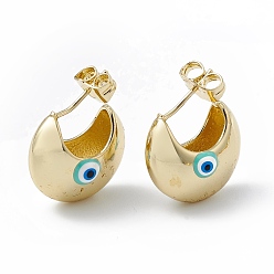 Turquoise Enamel Crescent Moon with Evil Eye Stud Earrings, Real 18K Gold Plated Brass Half Hoop Earrings for Women, Turquoise, 16.5x18mm, Pin: 1mm