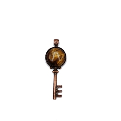 Tiger Eye Natural Tiger Eye Big Pendants, Red Copper Plated Alloy Key Charms, 62x22mm