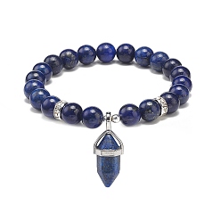 Lapis Lazuli Natural Lapis Lazuli(Dyed) Round Beaded Stretch Bracelet with Bullet Charms, Gemstone Yoga Jewelry for Women, Inner Diameter: 2~2-1/8 inch(5.1~5.3cm)
