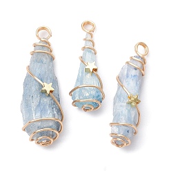 Sky Blue Electroplated Natural Quartz Crystal Dyed Copper Wire Wrapped Pendants, Teardrop Charms with Brass Star, Golden, Sky Blue, 28~39x8~12x8mm, Hole: 4mm