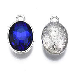 Royal Blue Alloy Glass Pendants, Faceted, Oval, Platinum, Cadmium Free & Lead Free, Royal Blue, 19x12x6mm, Hole: 1.8mm