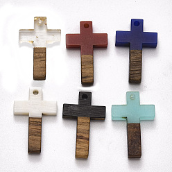 Mixed Color Resin & Walnut Wood Pendants, Cross, Mixed Color, 26x16x3mm, Hole: 1.8mm