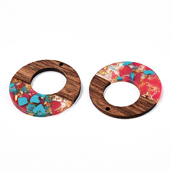 Camellia Transparent Resin & Walnut Wood Pendants, with Gold Foil, Donut Charms, Camellia, 38x3mm, Hole: 2mm
