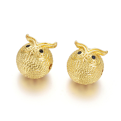 Golden Brass Beads, with Cubic Zirconia, Long-Lasting Plated, Owl, Golden, 12x11mm, Hole: 1.6mm