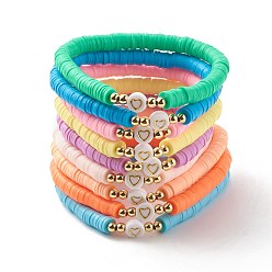 Mixed Color Handmade Polymer Clay Heishi Beads Stretch Bracelets Set with Heart Patter Beads for Women, Mixed Color, Inner Diameter: 2-1/8 inch(5.3cm), 9pcs/set