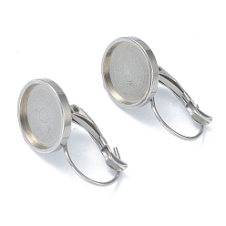 Stainless Steel Color 304 Stainless Steel Leverback Earring Findings, with Flat Round Trays Setting for Cabochon, Stainless Steel Color, Tray: 12mm, 24x14x17mm, Pin: 0.8mm