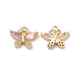 Pink Real 18K Gold Plated Brass Pendant, with Glass, Butterfly Charms, Pink, 10.5x13x3.3mm, Hole: 1.2mm