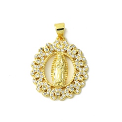 Clear Real 18K Gold Plated Brass Micro Pave Cubic Zirconia Pendants, Oval with Virgin Mary Pattern Charms, Clear, 23.5x20x3mm, Hole: 3.5x4mm