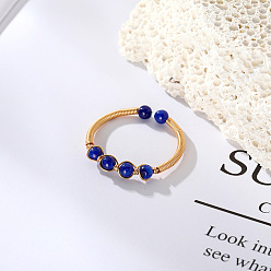 Blue Dyed Natural Jade Round Braided Bead Style Finger Ring, Light Gold Brass Wire Wrap Cuff Ring, Blue, Inner Diameter: 19mm