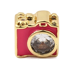 Светло-Вишневый Латунные микропаве прозрачные кубические циркониевые эмалевые бусины, камера, без свинца и без кадмия, долговечный, реальный 18 k позолоченный, стойки покрытие, светло-вишневый, 9x9.5x6 мм, отверстие : 2 мм