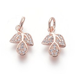 Розовое Золото Брелки из экологически чистой латуни с микропаве и кубическим цирконием, без свинца и без кадмия, прозрачные, лист, розовое золото , 11.5x8.5x2.5 мм, отверстие : 3 мм
