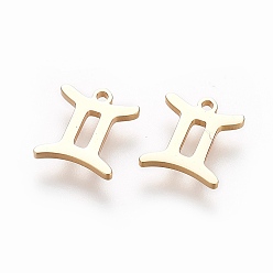 Gemini 304 Stainless Steel Charms, Constellation/Zodiac Sign, Real 18K Gold Plated, Gemini, 9.4x8x1mm, Hole: 0.8mm