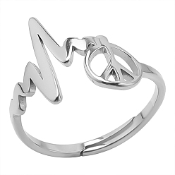 Stainless Steel Color Stainless Steel Peace Sign with Heart Beat Adjustable Ring for Women, Stainless Steel Color, Inner Diameter: 17mm