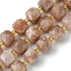Sunstone Natural Sunstone Beads Strands, with Seed Beads, Faceted Cube, 8~9x8~9x8~9mm, Hole: 0.9~1mm, about 35~39pcs/strand, 14.80''~15.16''(37.6~38.5cm)