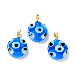 Blue Handmade Evil Eye Lampwork Pendants, with Rack Plating Brass Findings, Long-Lasting Plated, Lead Free & Cadmium Free, Flat Round, Blue, 19.5x16x6mm, Hole: 4.2x3.8mm